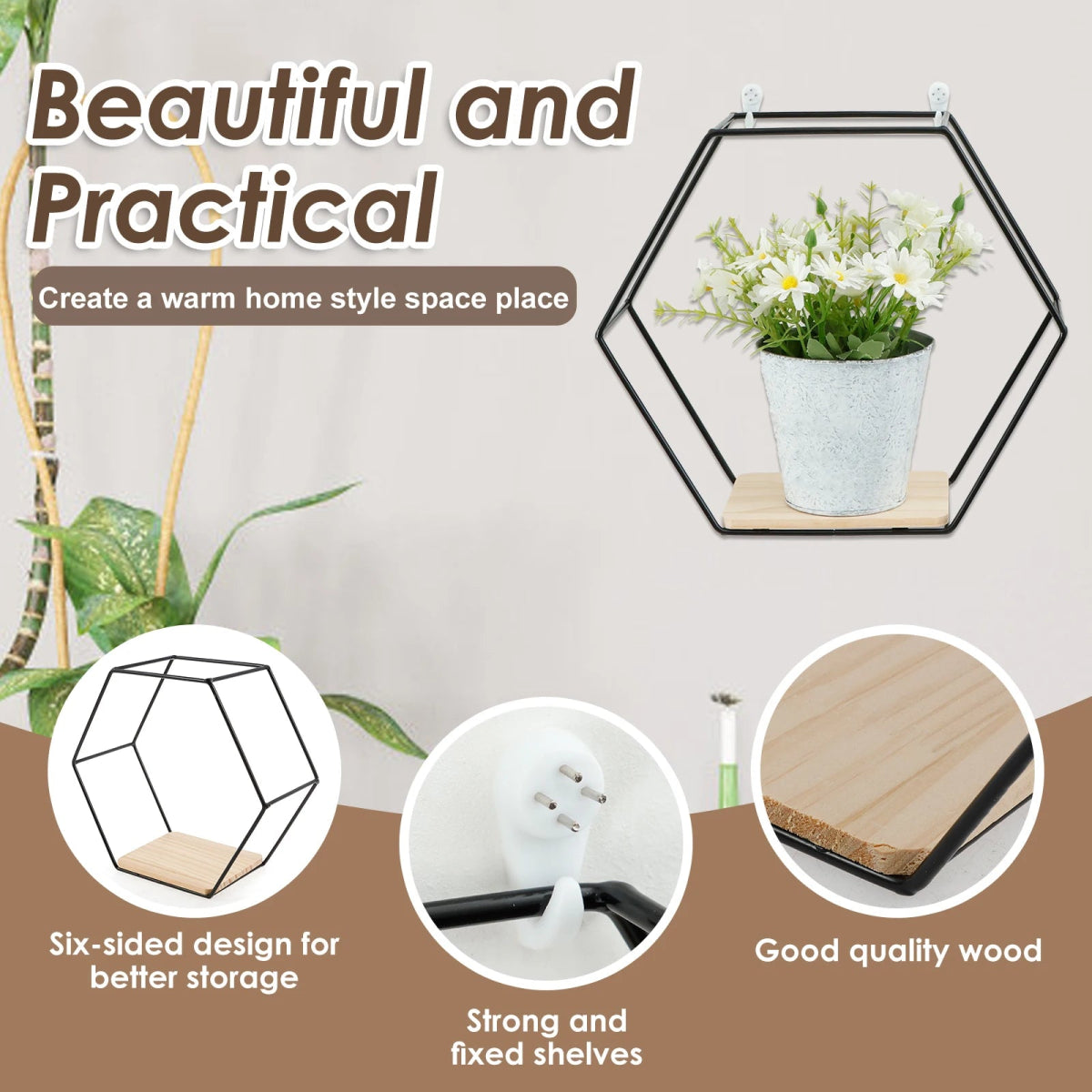 3Pcs Wall Mounted Hexagon Shelf Metal Anti Rust Storage Shelves Sundries Storage Holder Wall Decor for Bedroom Living Room - Figgostyle