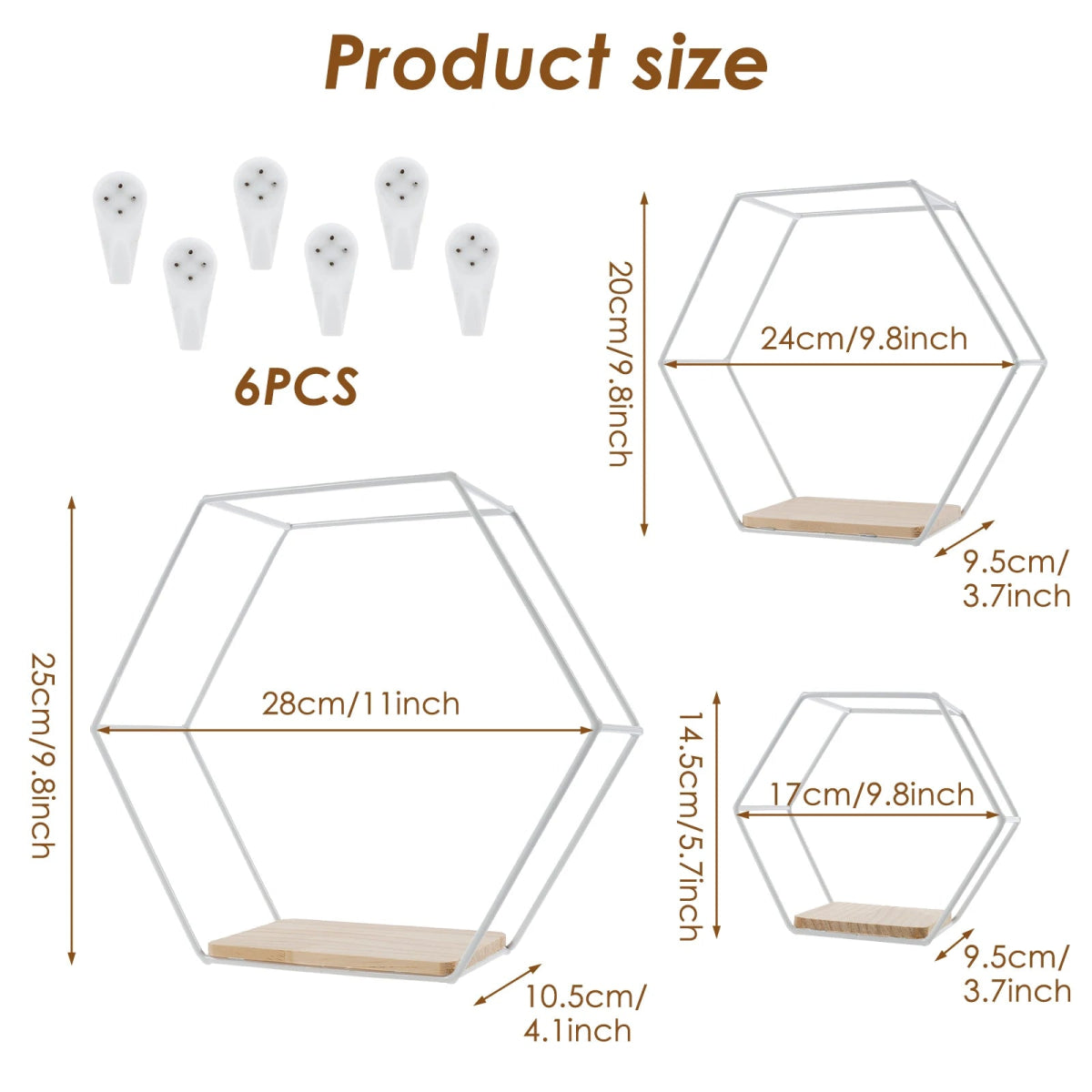 3Pcs Wall Mounted Hexagon Shelf Metal Anti Rust Storage Shelves Sundries Storage Holder Wall Decor for Bedroom Living Room - Figgostyle