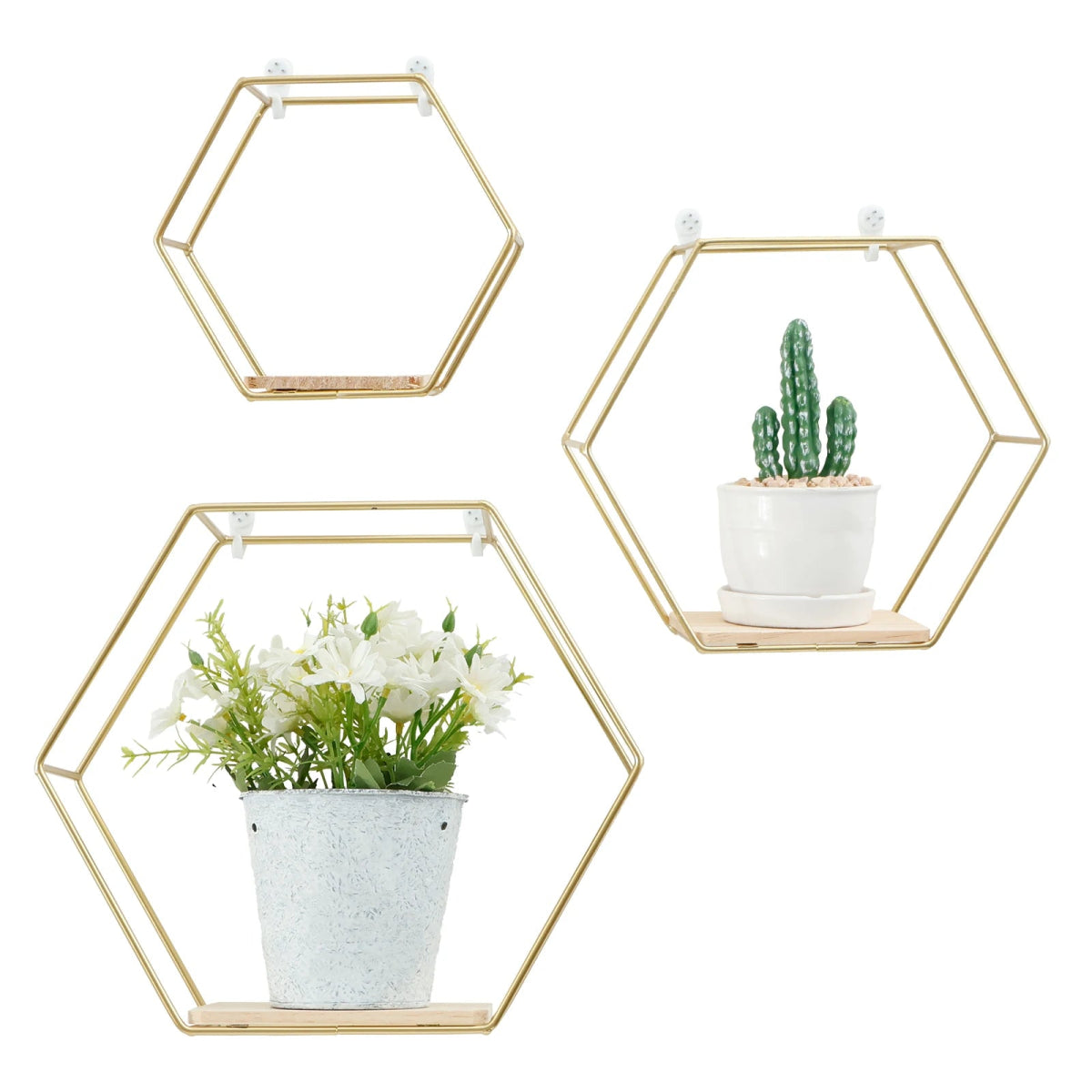3Pcs Wall Mounted Hexagon Shelf Metal Anti Rust Storage Shelves Sundries Storage Holder Wall Decor for Bedroom Living Room - Figgostyle