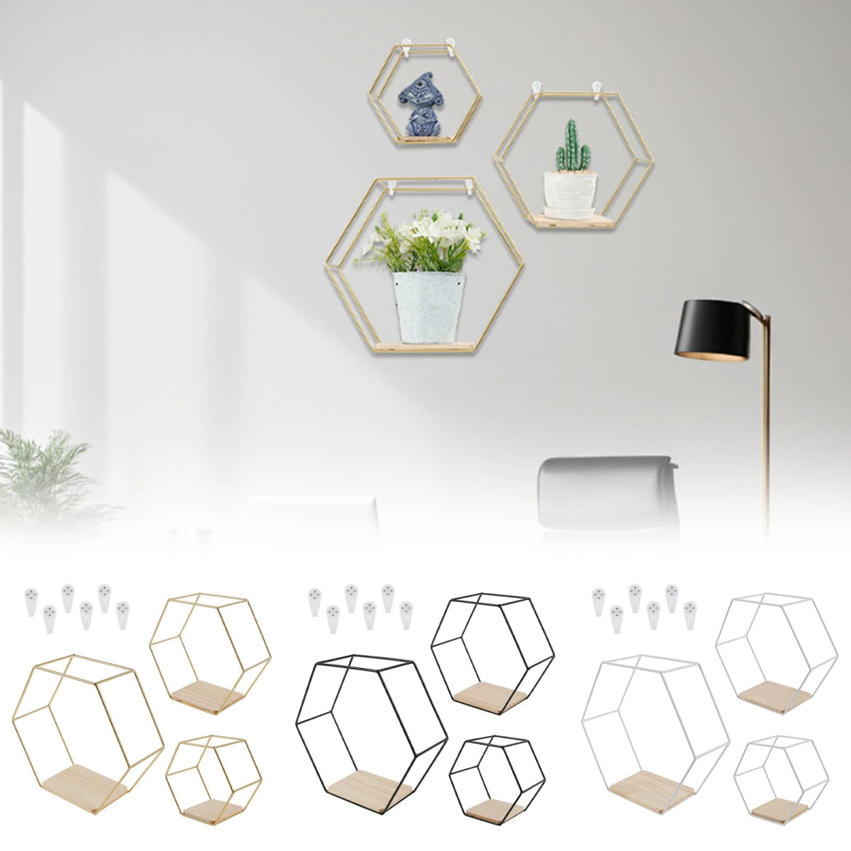 3Pcs Wall Mounted Hexagon Shelf Metal Anti Rust Storage Shelves Sundries Storage Holder Wall Decor for Bedroom Living Room - Figgostyle