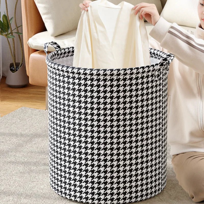 Foldable Houndstooth Laundry Hamper, Modern Fabric Storage Basket with Handle, Versatile for Bedroom, Bathroom, Living Room - Figgostyle