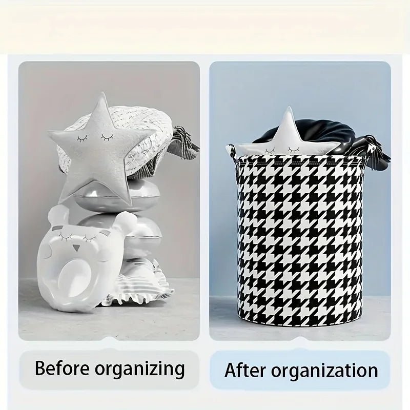 Foldable Houndstooth Laundry Hamper, Modern Fabric Storage Basket with Handle, Versatile for Bedroom, Bathroom, Living Room - Figgostyle
