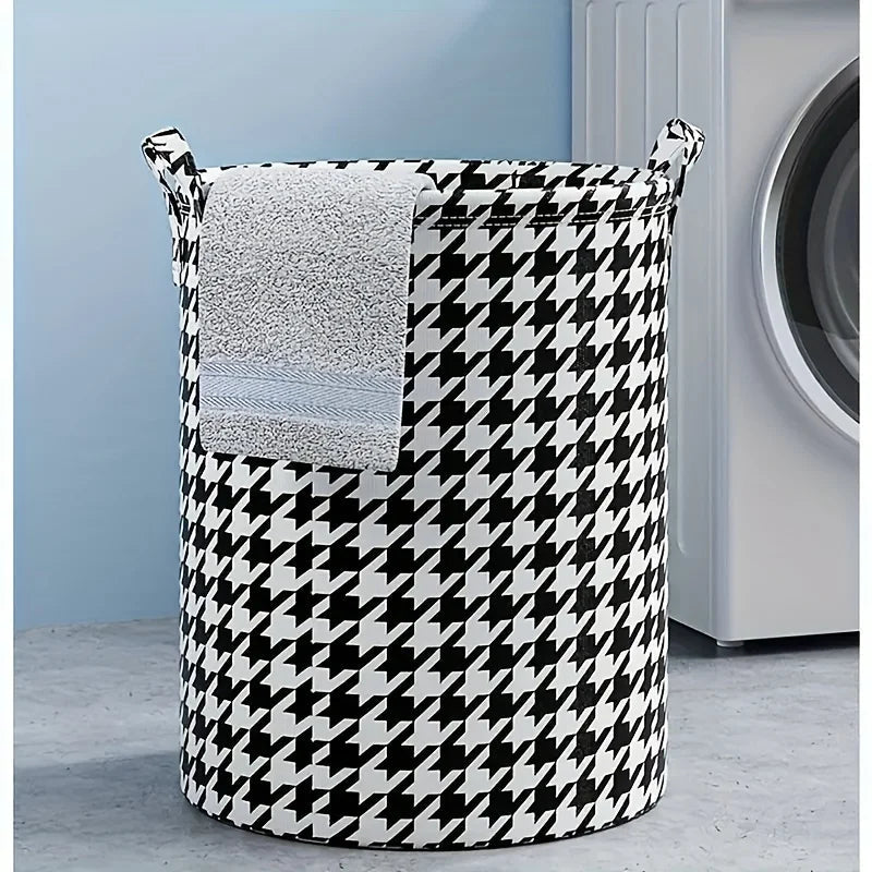 Foldable Houndstooth Laundry Hamper, Modern Fabric Storage Basket with Handle, Versatile for Bedroom, Bathroom, Living Room - Figgostyle