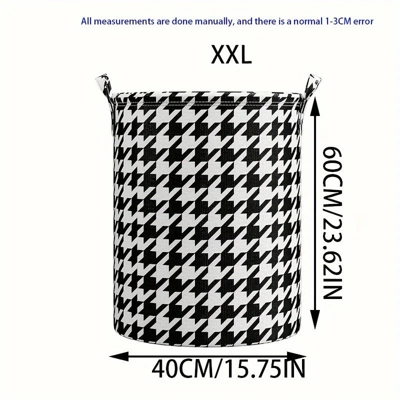 Foldable Houndstooth Laundry Hamper, Modern Fabric Storage Basket with Handle, Versatile for Bedroom, Bathroom, Living Room - Figgostyle