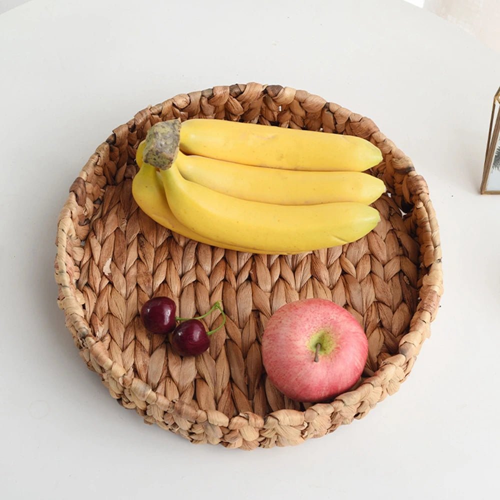 Rattan Wicker Basket Handwoven Fruit Tea Snack Bread Basket Cosmetic Round Storage Box Water Hyacinth Tray Jewelry Dish - Figgostyle