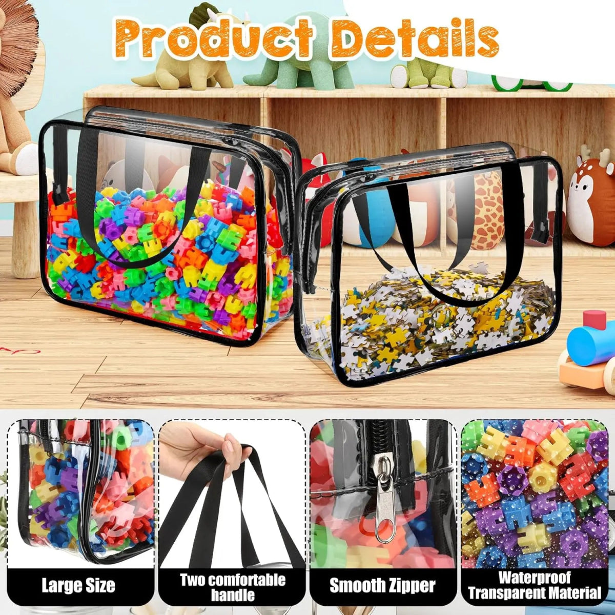 Reusable Large Toy Storage Bags Clear PVC Board Game Pouches Travel Waterproof Organizer Bags for Books Building Blocks Puzzle - Figgostyle