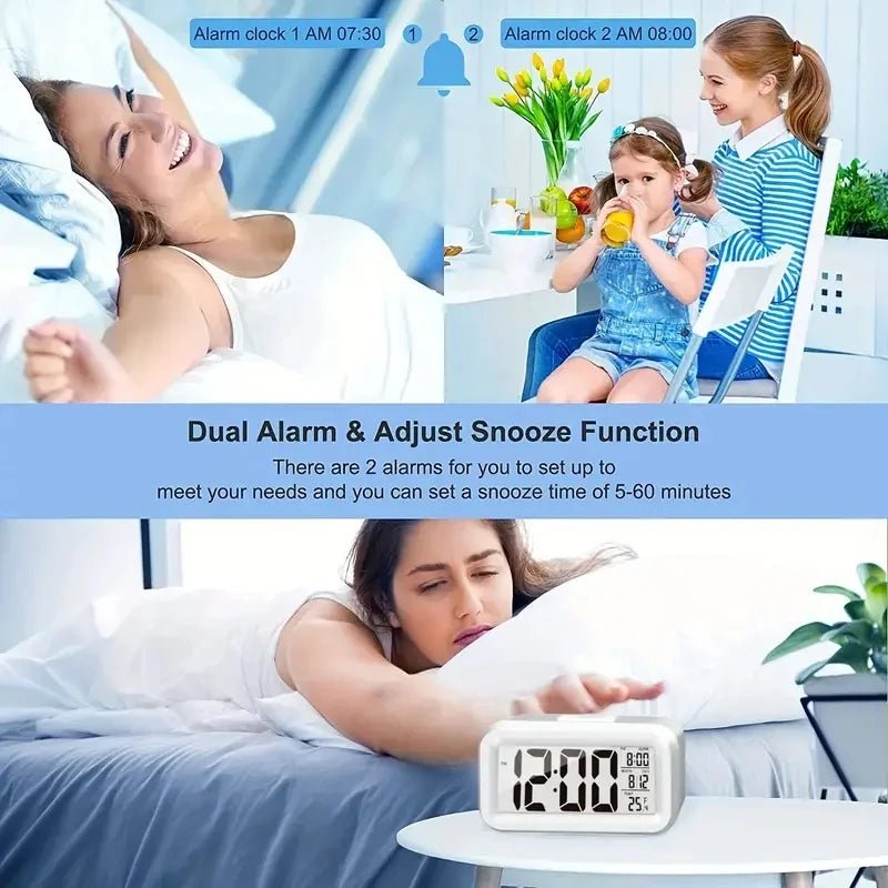 Smart Digital Alarm Clock Black White LCD Display with Temperature Calendar Timer Led Light for Bedroom Office (Without Battery) - Figgostyle