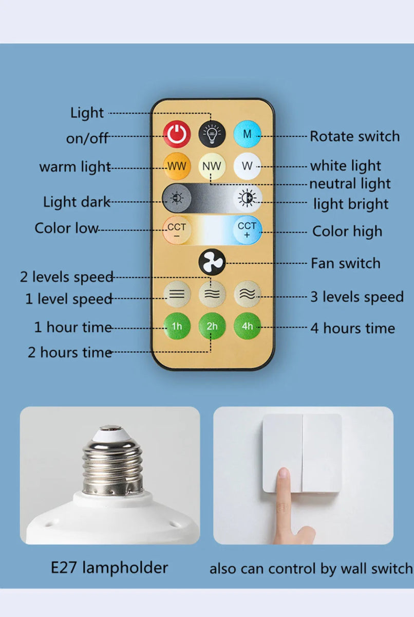 Smart Remote Control Ceiling Fan with LED Lighting Ceiling Fan with Lights Remote Control E27 Converter Base for Living Room - Figgostyle