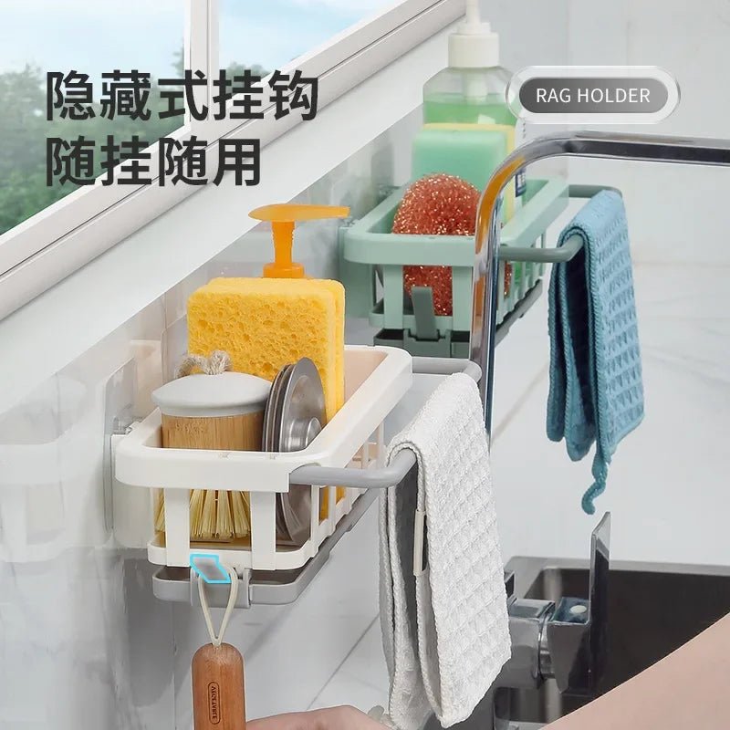 Sponge Holder Kitchen Organizer Dish Drainer Soap Rack Sink Tray Dishcloth Towel Rack Wall Mounted Storage Basket Shelf Kitchen - Figgostyle
