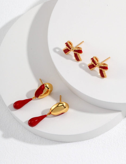 Sterling Silver Red Glazed Butterfly Earrings Chinese New Year Collection - Figgostyle