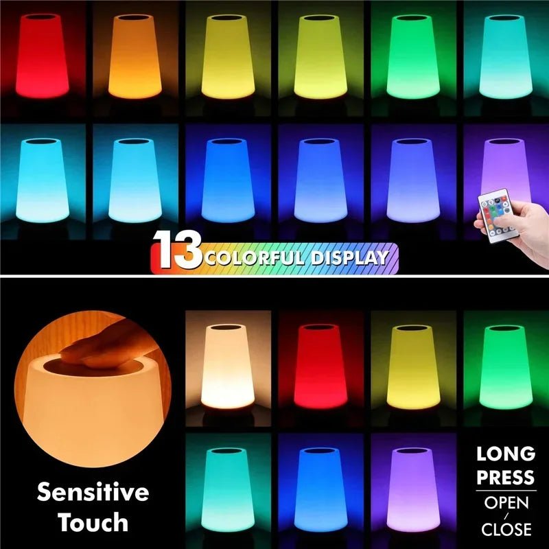 13 Color Changing Night Light RGB Remote Control Touch Dimmable Lamp Portable Table Bedside Lamps USB Rechargeable Night Lamp - Figgostyle