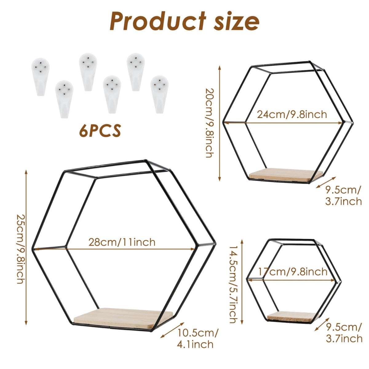 3Pcs Wall Mounted Hexagon Shelf Metal Anti Rust Storage Shelves Sundries Storage Holder Wall Decor for Bedroom Living Room - Figgostyle