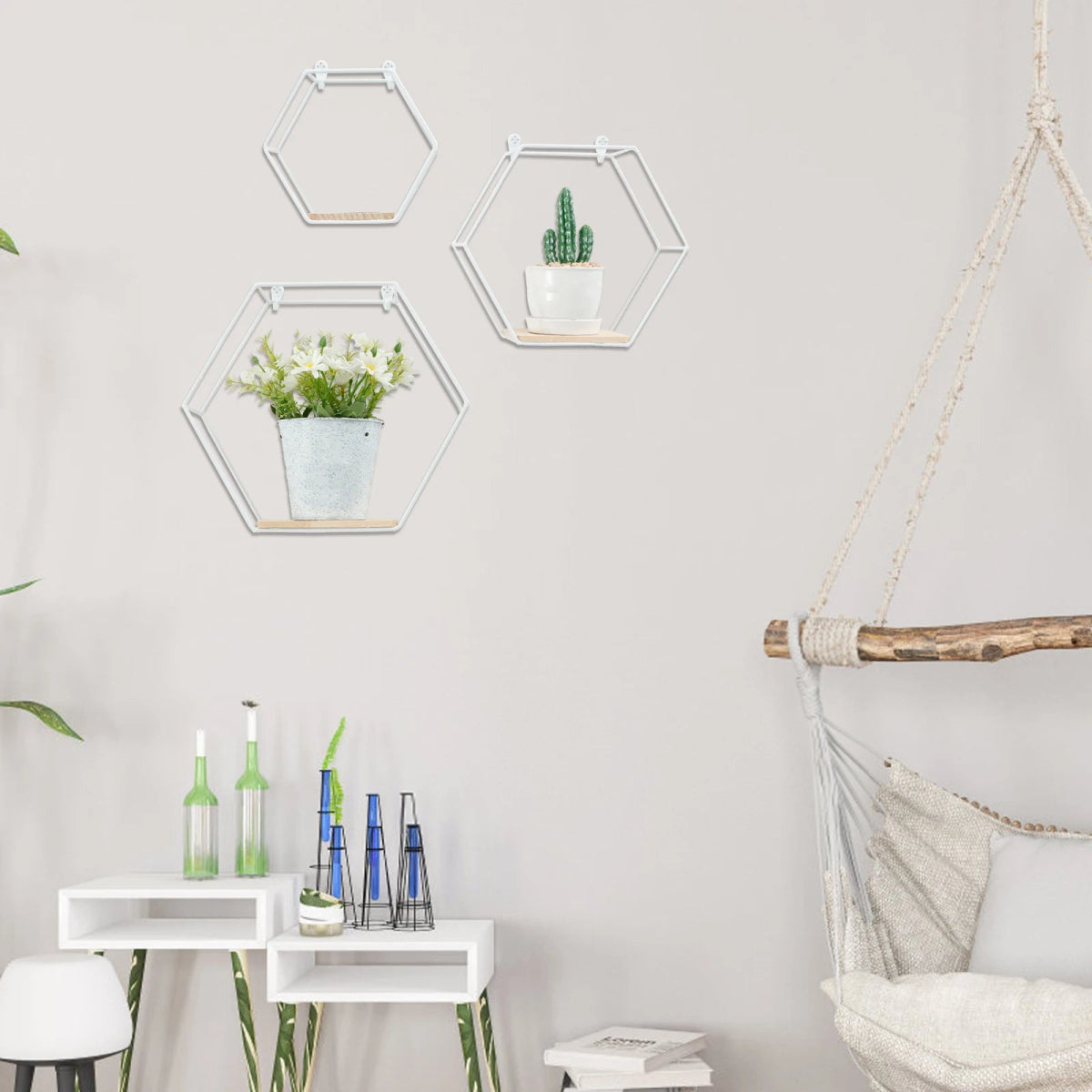 3Pcs Wall Mounted Hexagon Shelf Metal Anti Rust Storage Shelves Sundries Storage Holder Wall Decor for Bedroom Living Room - Figgostyle