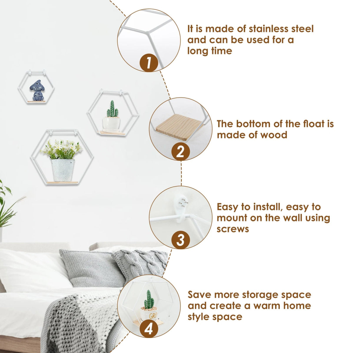 3Pcs Wall Mounted Hexagon Shelf Metal Anti Rust Storage Shelves Sundries Storage Holder Wall Decor for Bedroom Living Room - Figgostyle