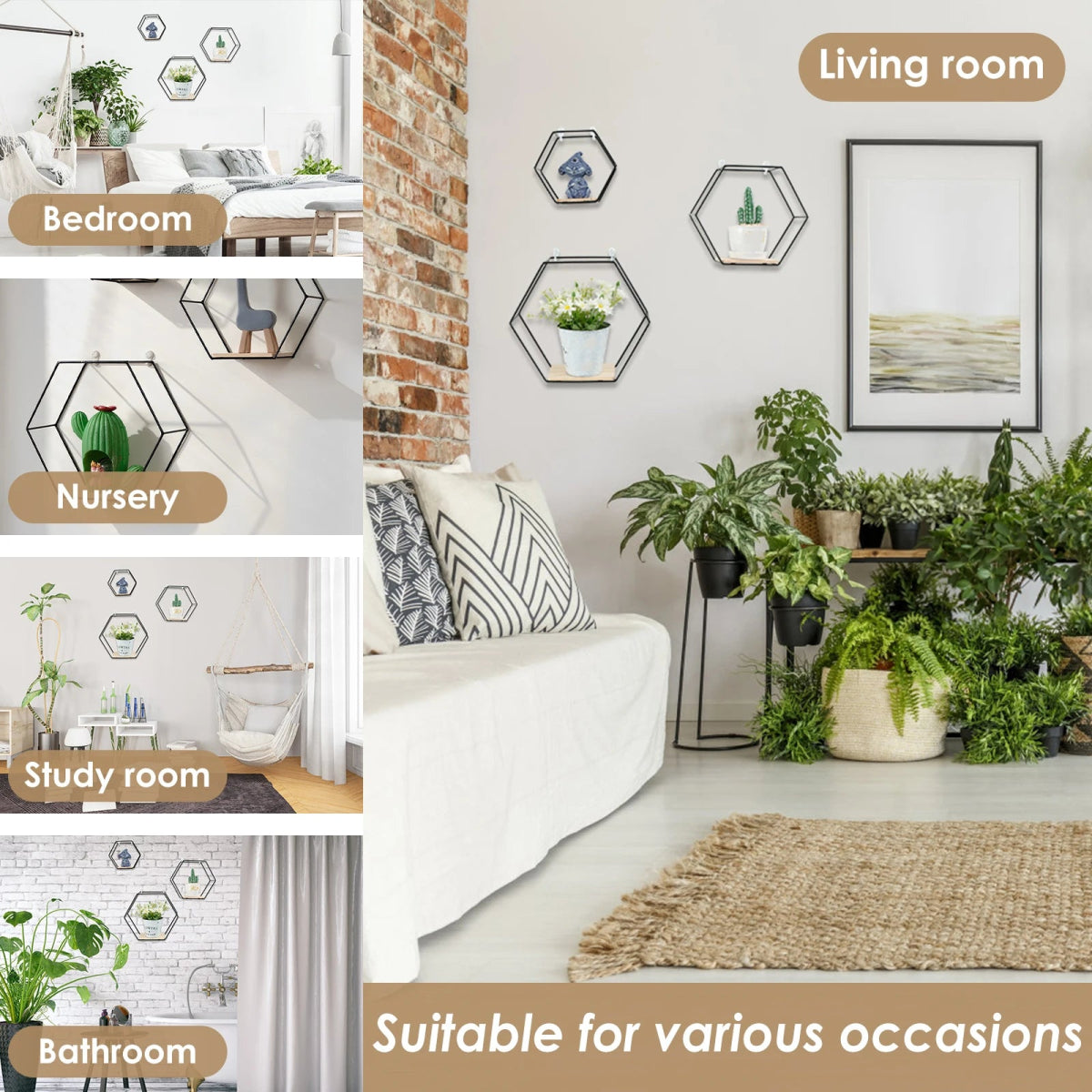 3Pcs Wall Mounted Hexagon Shelf Metal Anti Rust Storage Shelves Sundries Storage Holder Wall Decor for Bedroom Living Room - Figgostyle
