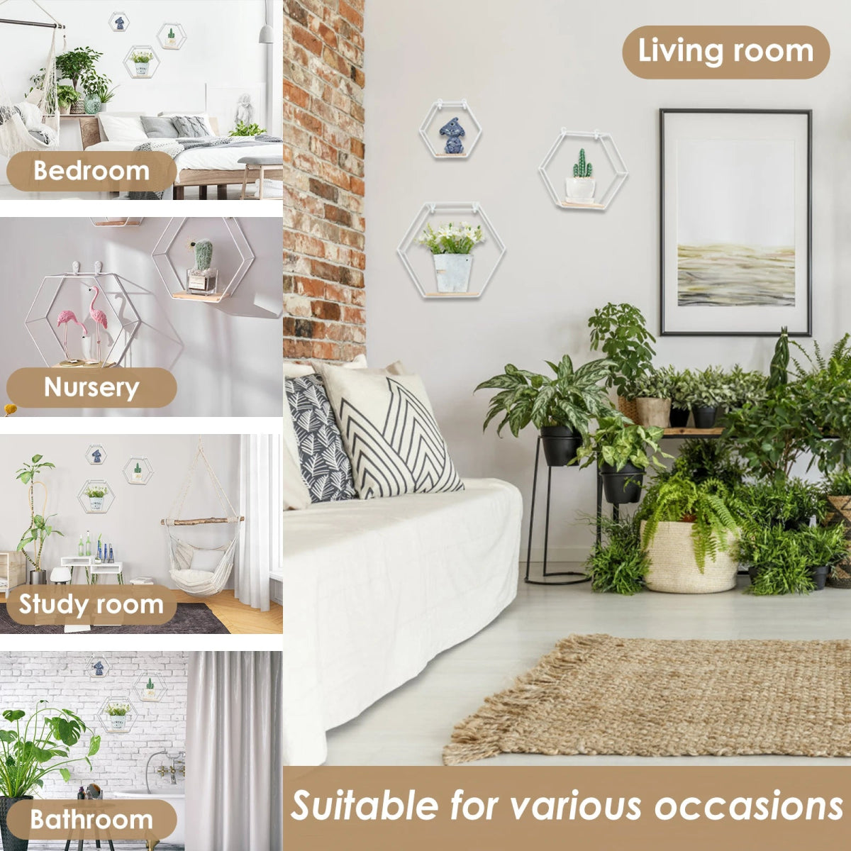 3Pcs Wall Mounted Hexagon Shelf Metal Anti Rust Storage Shelves Sundries Storage Holder Wall Decor for Bedroom Living Room - Figgostyle