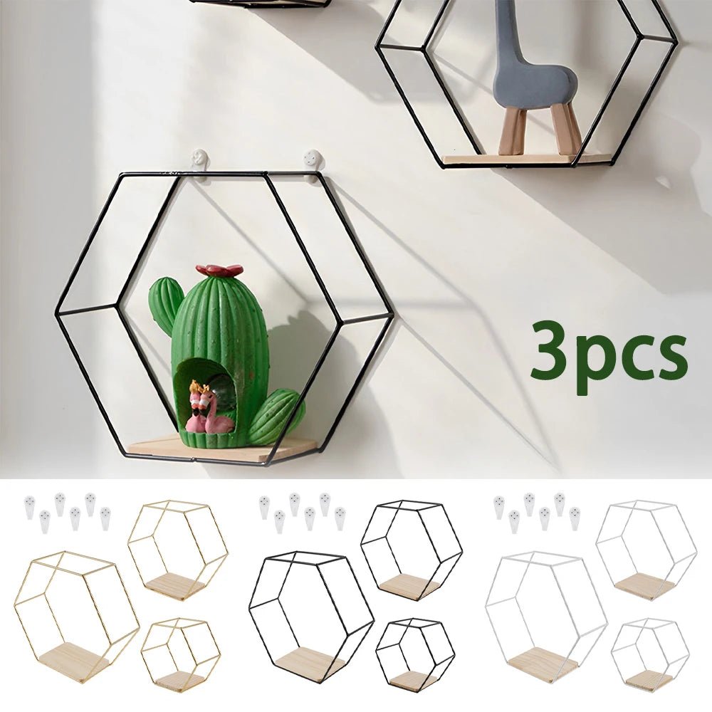 3Pcs Wall Mounted Hexagon Shelf Metal Anti Rust Storage Shelves Sundries Storage Holder Wall Decor for Bedroom Living Room - Figgostyle