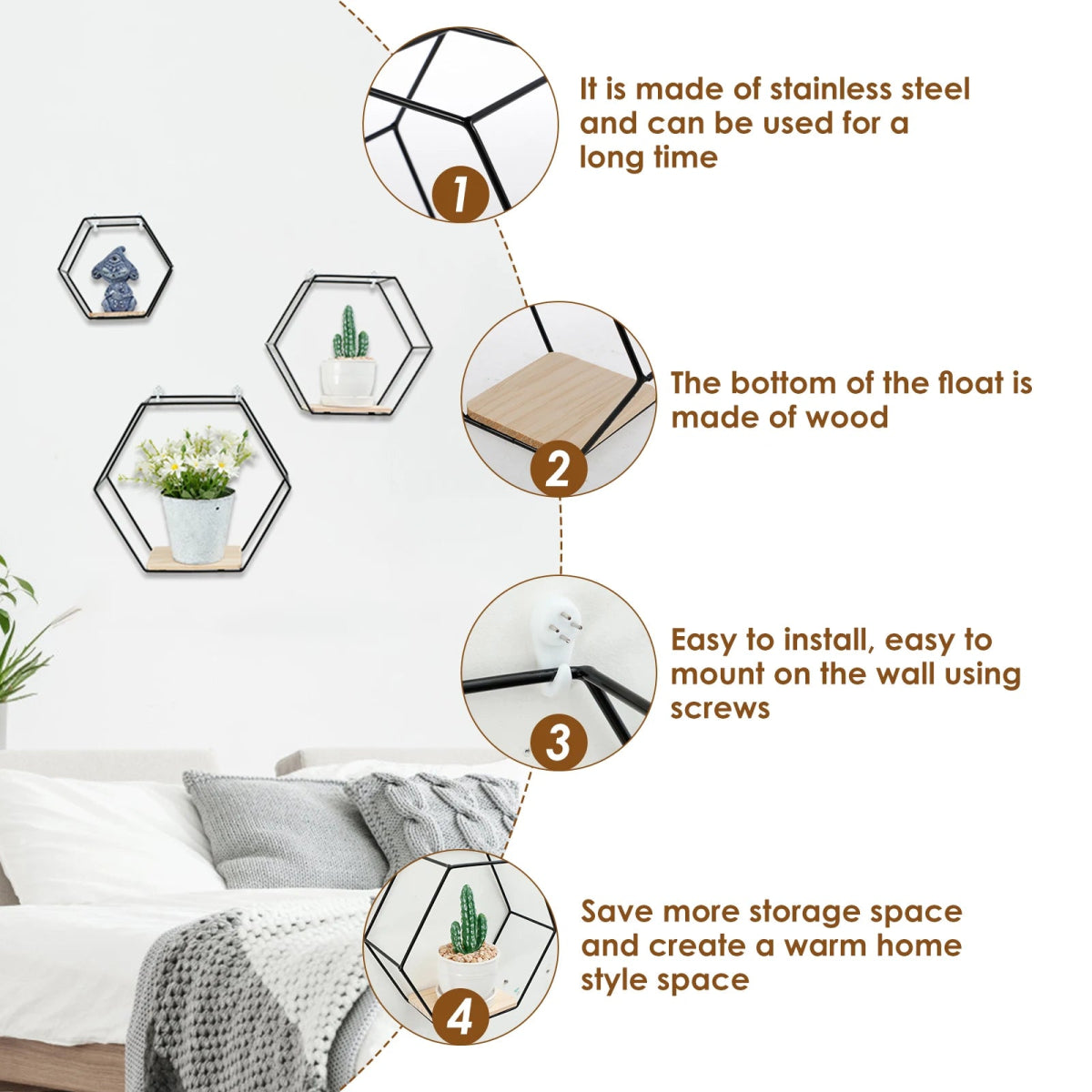 3Pcs Wall Mounted Hexagon Shelf Metal Anti Rust Storage Shelves Sundries Storage Holder Wall Decor for Bedroom Living Room - Figgostyle
