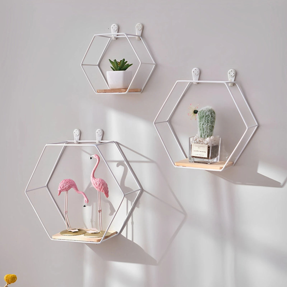 3Pcs Wall Mounted Hexagon Shelf Metal Anti Rust Storage Shelves Sundries Storage Holder Wall Decor for Bedroom Living Room - Figgostyle