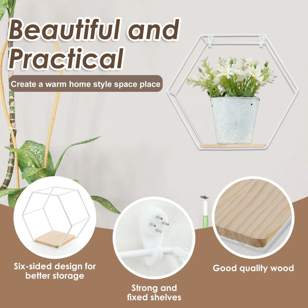 3Pcs Wall Mounted Hexagon Shelf Metal Anti Rust Storage Shelves Sundries Storage Holder Wall Decor for Bedroom Living Room - Figgostyle