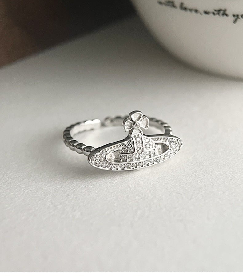 925 Sterling Silver Luxury Diamond - Studded Saturn Silver Bead Ring - Figgostyle