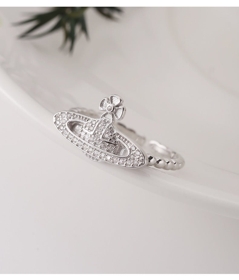 925 Sterling Silver Luxury Diamond - Studded Saturn Silver Bead Ring - Figgostyle
