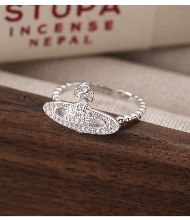 925 Sterling Silver Luxury Diamond - Studded Saturn Silver Bead Ring - Figgostyle