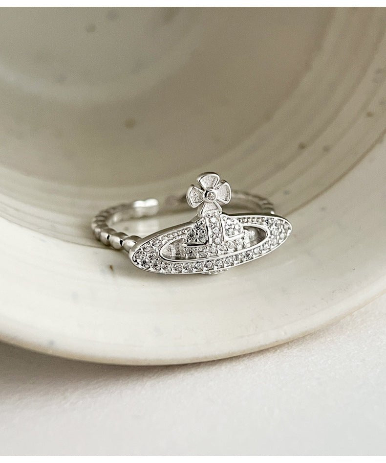 925 Sterling Silver Luxury Diamond - Studded Saturn Silver Bead Ring - Figgostyle