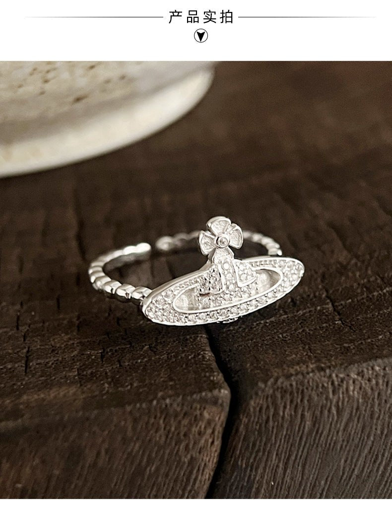 925 Sterling Silver Luxury Diamond - Studded Saturn Silver Bead Ring - Figgostyle