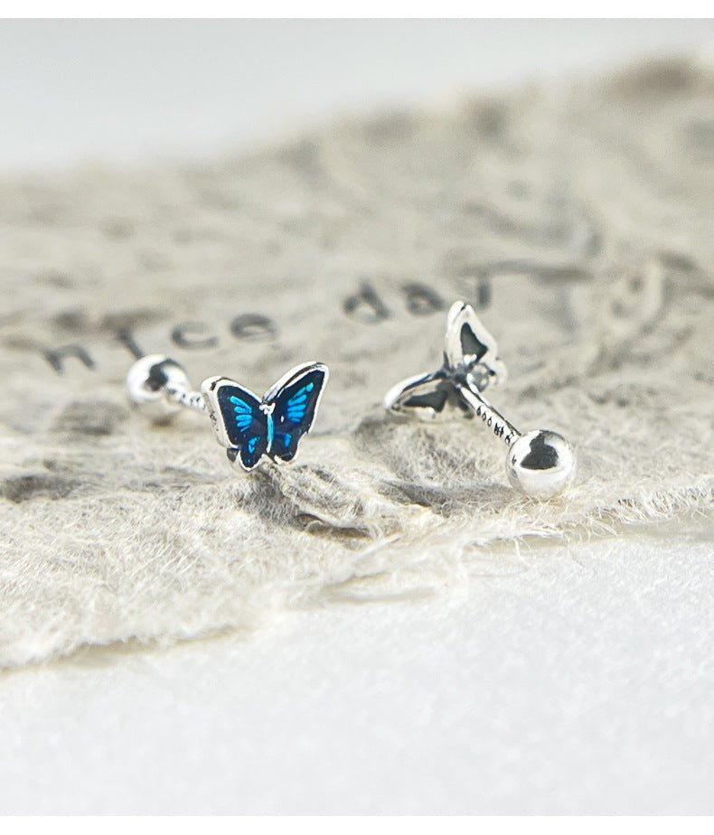 999 silver blue oil butterfly earrings - Figgostyle