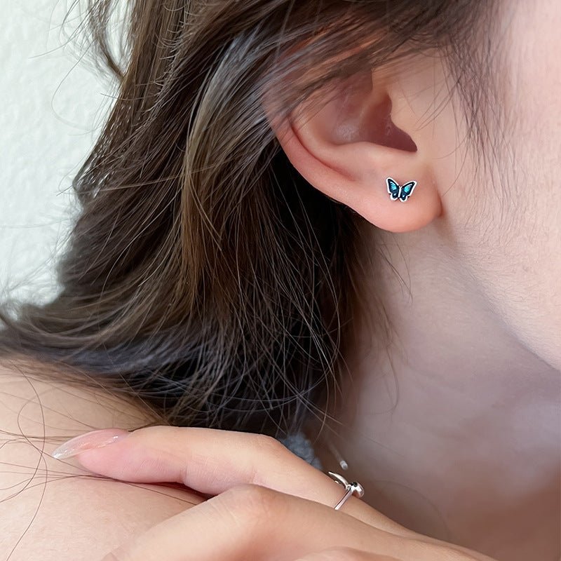999 silver blue oil butterfly earrings - Figgostyle