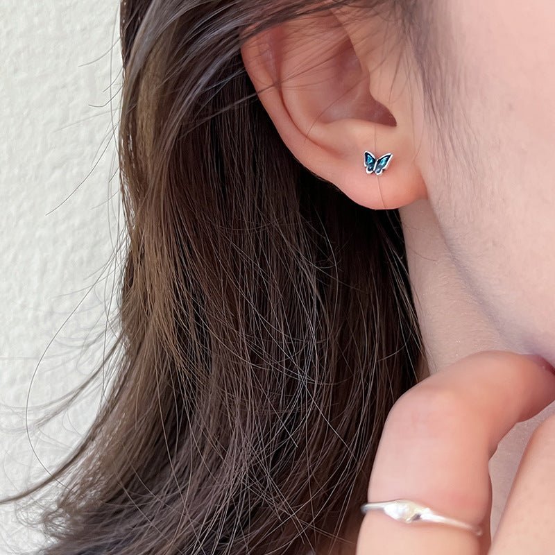 999 silver blue oil butterfly earrings - Figgostyle