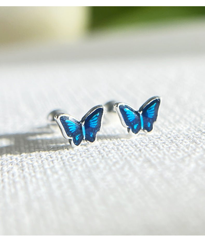 999 silver blue oil butterfly earrings - Figgostyle