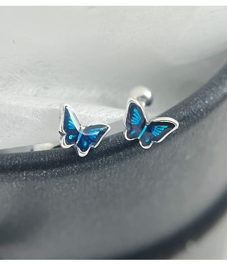 999 silver blue oil butterfly earrings - Figgostyle
