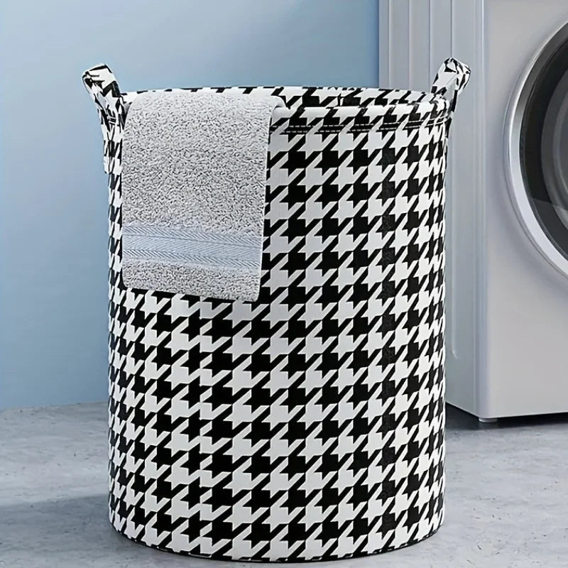 Foldable Houndstooth Laundry Hamper, Modern Fabric Storage Basket with Handle, Versatile for Bedroom, Bathroom, Living Room - Figgostyle