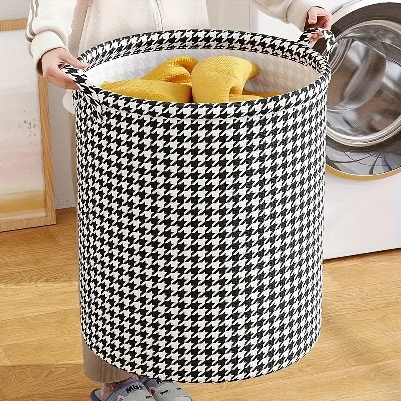 Foldable Houndstooth Laundry Hamper, Modern Fabric Storage Basket with Handle, Versatile for Bedroom, Bathroom, Living Room - Figgostyle