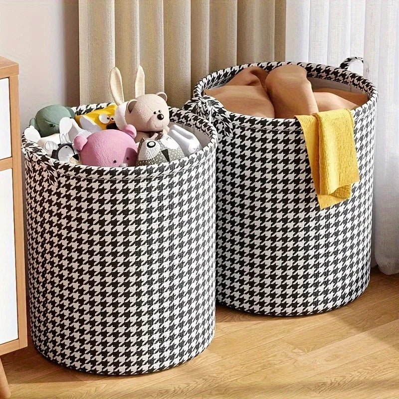 Foldable Houndstooth Laundry Hamper, Modern Fabric Storage Basket with Handle, Versatile for Bedroom, Bathroom, Living Room - Figgostyle