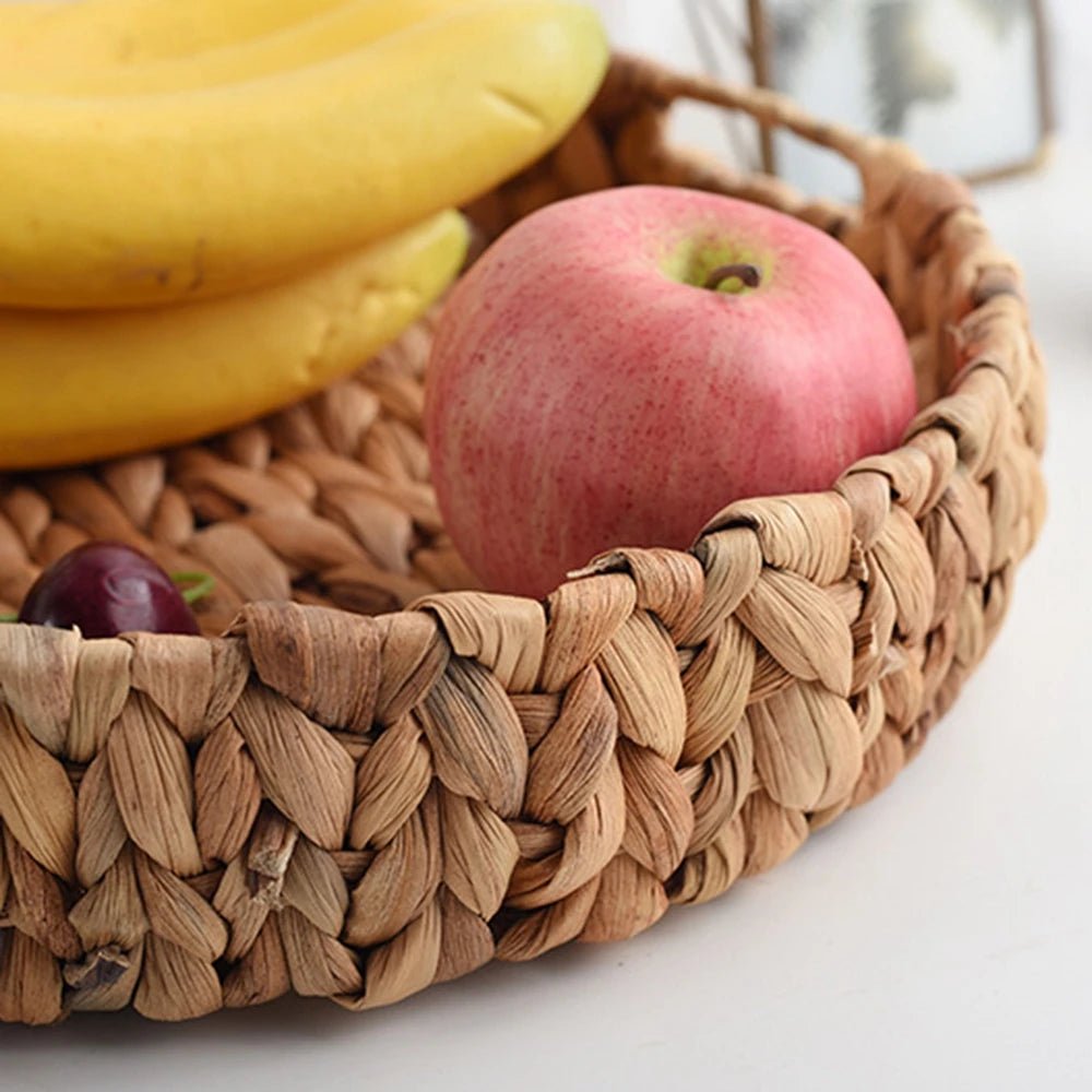 Rattan Wicker Basket Handwoven Fruit Tea Snack Bread Basket Cosmetic Round Storage Box Water Hyacinth Tray Jewelry Dish - Figgostyle