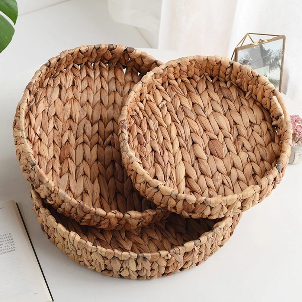 Rattan Wicker Basket Handwoven Fruit Tea Snack Bread Basket Cosmetic Round Storage Box Water Hyacinth Tray Jewelry Dish - Figgostyle