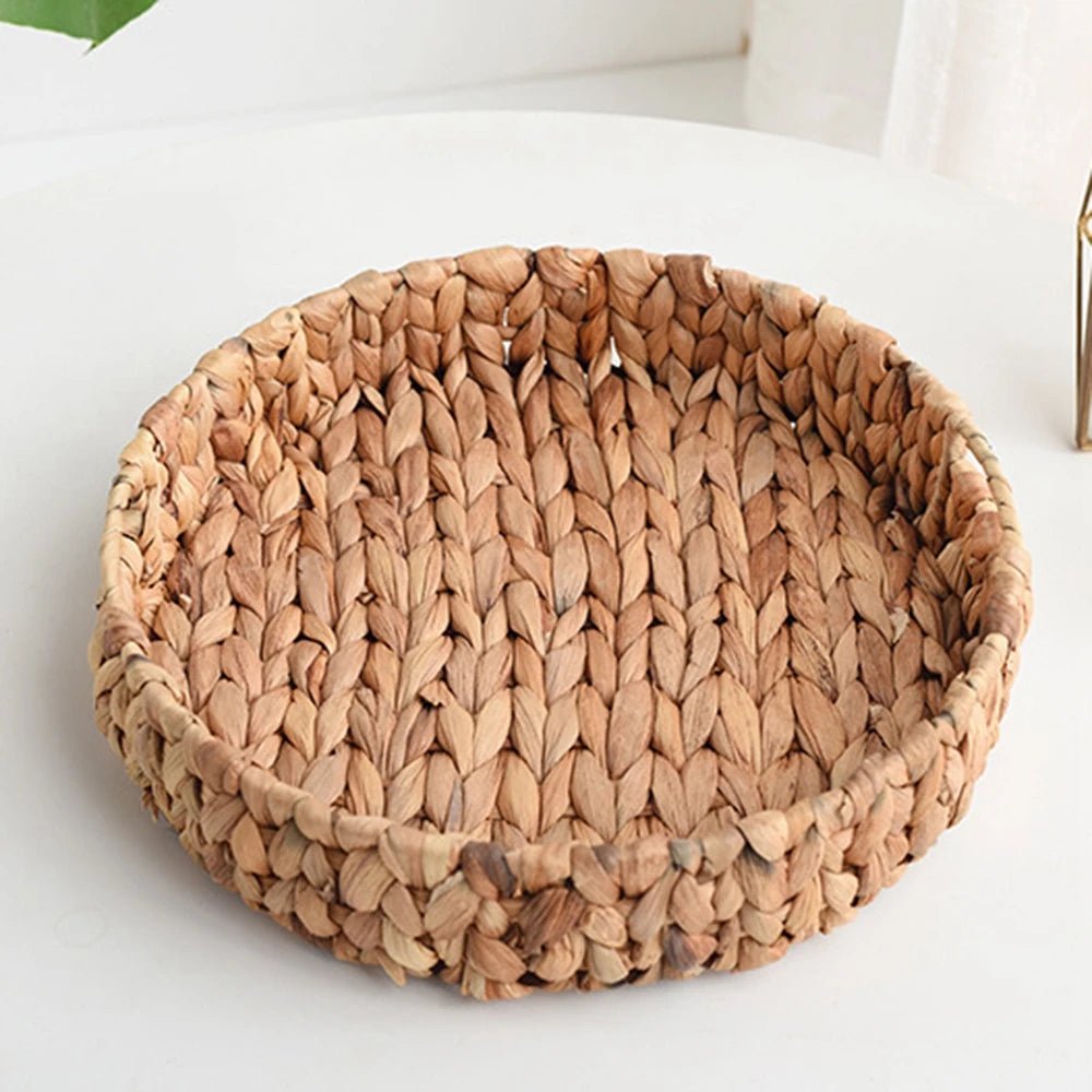 Rattan Wicker Basket Handwoven Fruit Tea Snack Bread Basket Cosmetic Round Storage Box Water Hyacinth Tray Jewelry Dish - Figgostyle