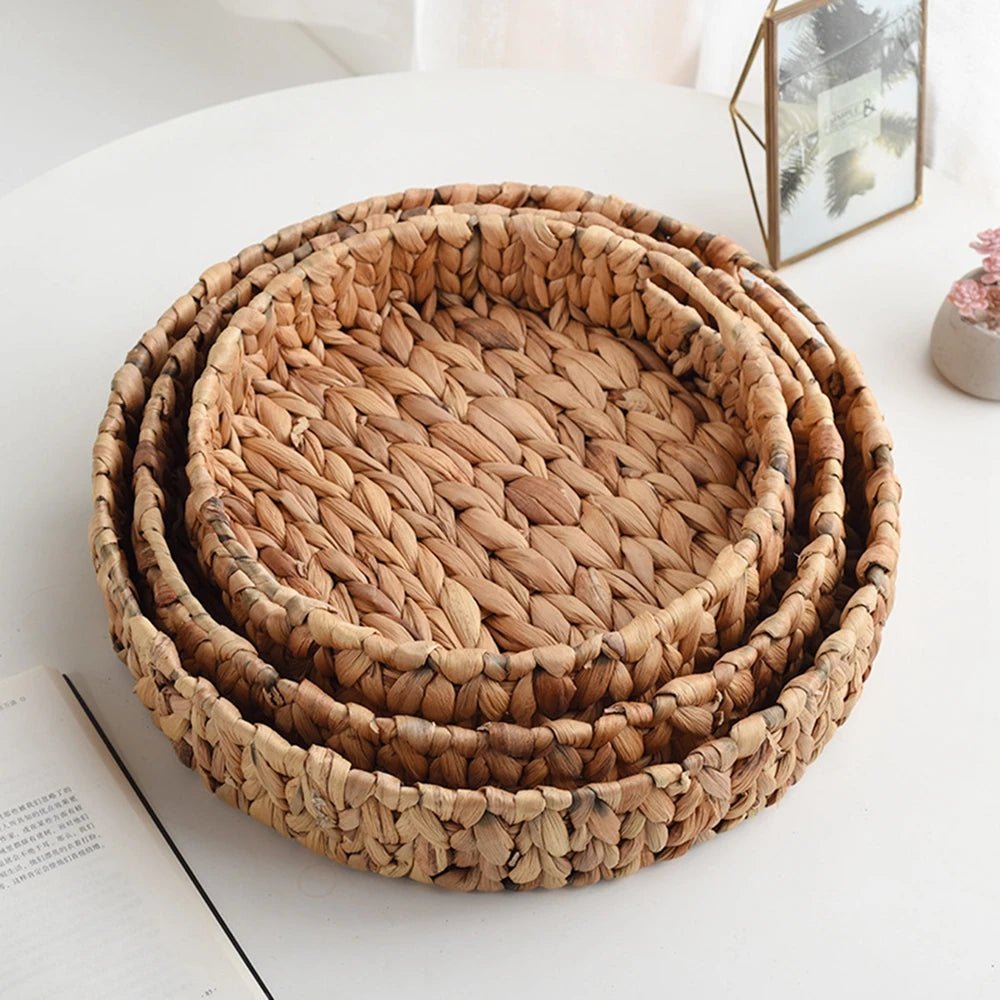 Rattan Wicker Basket Handwoven Fruit Tea Snack Bread Basket Cosmetic Round Storage Box Water Hyacinth Tray Jewelry Dish - Figgostyle
