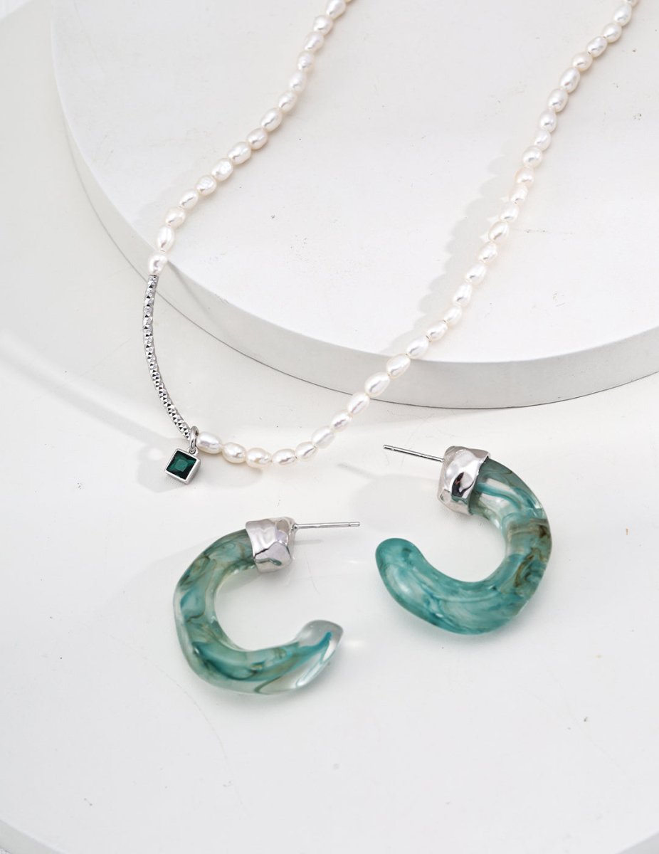 S925 Sterling Silver Imitation Waterweed Agate Imitation Sea Willow Earrings - Figgostyle