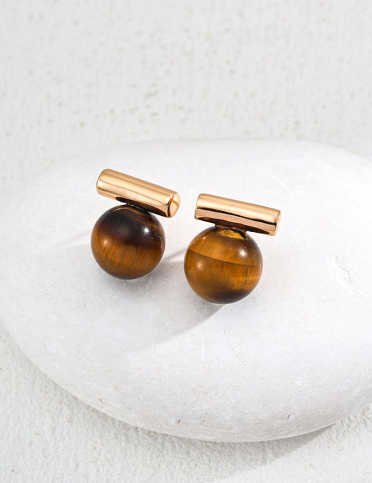 S925 Sterling Silver Simple Natural Tiger Eye Black Agate Earrings - Figgostyle