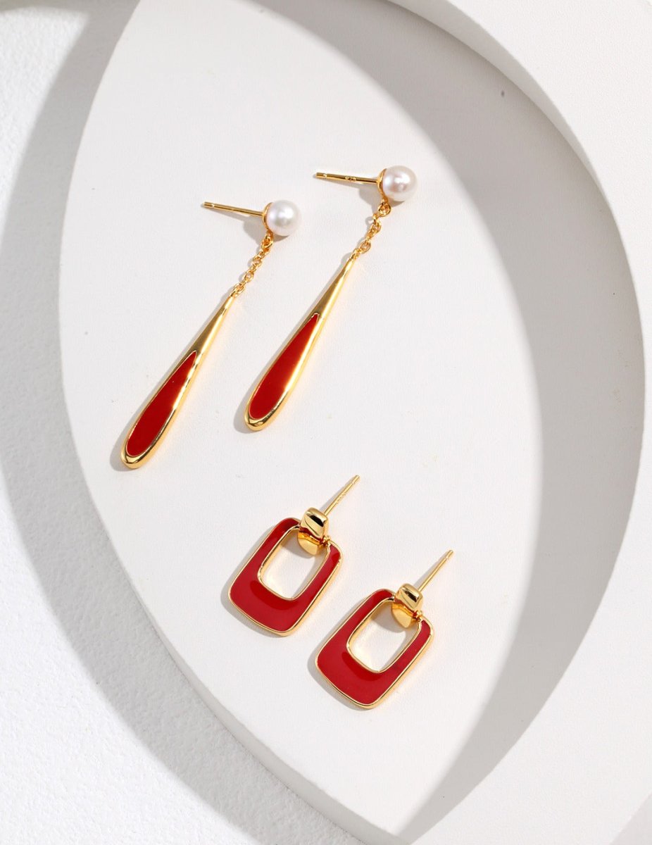 Sterling Silver Red Glazed Teardrop Earrings - Figgostyle