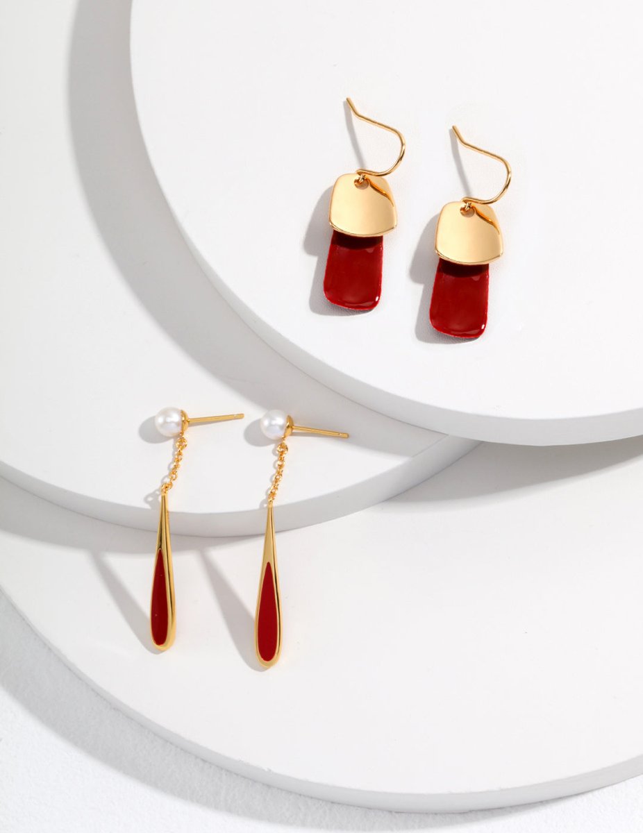 Sterling Silver Red Glazed Teardrop Earrings - Figgostyle